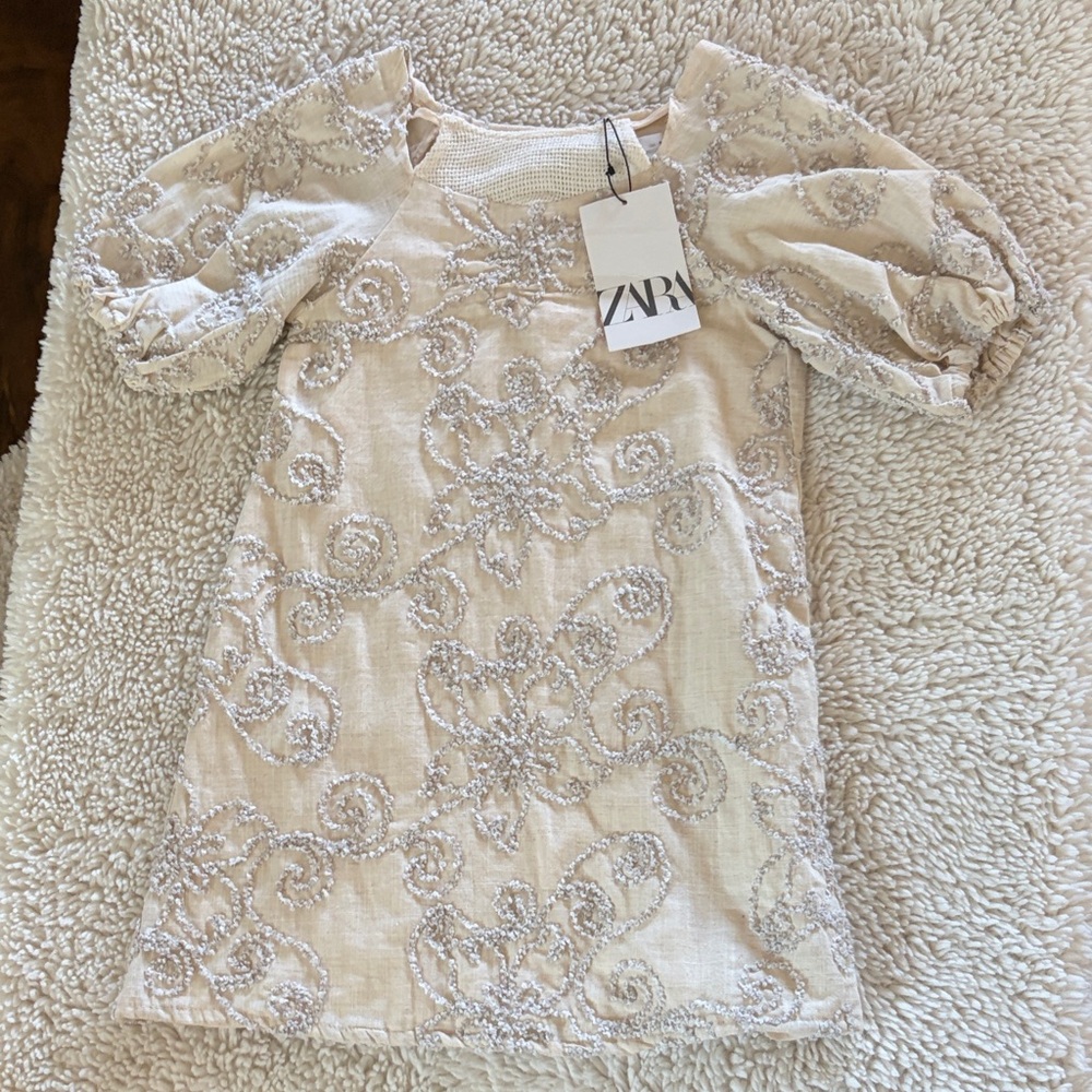 ZARA Girls Cream Dress with Boucle Embellishment Viscose Lined NWT Sz 6